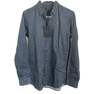 Ted Baker London Mens Long Sleeve Argyle Pattern Button Up Shirt Blue Size 1